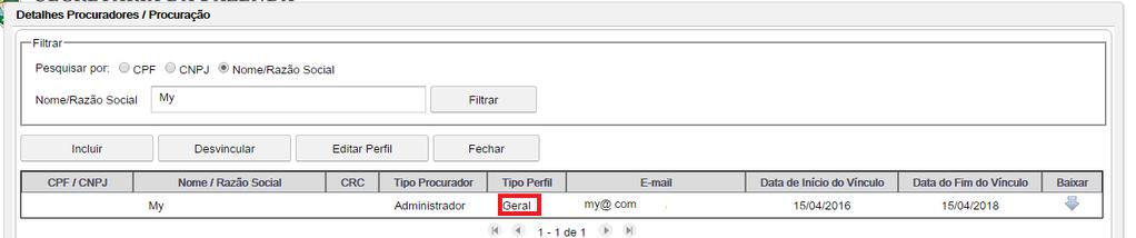 Figura 38- Resultado da pesquisa e nome do perfil do procurador No nosso exemplo ele se chama Geral.