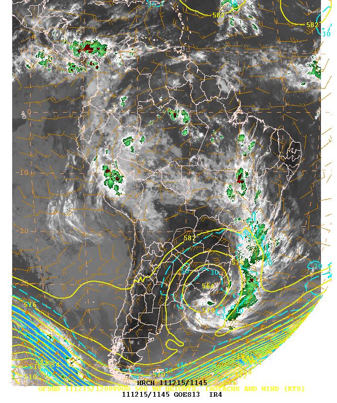 Figura 10: Imagem de satélite das 11:45Z e análise do geopotencial e vento em 500 hpa das 12:00Z do dia 15/12/2011.