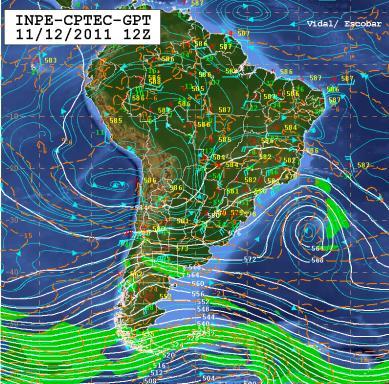 Figura 2: Distribuição das descargas elétricas para o período de 11 a 18 de dezembro de 2011. A seguir serão mostradas as cartas sinóticas para o período do evento.