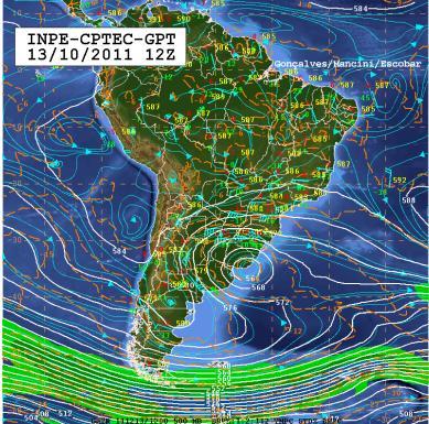 Nota-se que a partir do dia 13 o VC, com sua circulação já bem configurada e apresentando um núcleo frio de -16C entre o Uruguai e a Foz do Rio da Prata, adquire um deslocamento lento para norte,