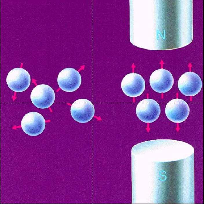 e na mesma direção mas a favor do campo aqueles com baixa energia (figura 2). figura 2: À esquerda a representação do núcleo com seu spin gerando uma orientação de seu campo magnético.