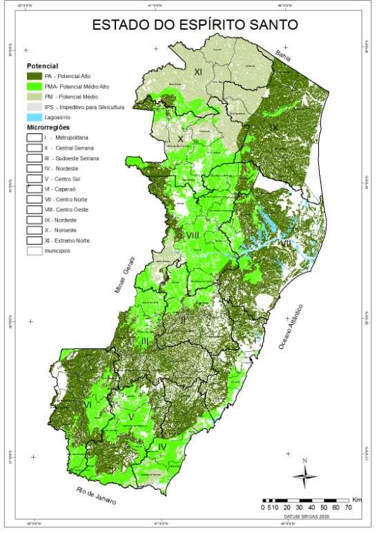 Figura 10 Mapa demonstrando espacialmente as áreas aptas para a silvicultura de eucalipto, classificadas em cada microrregião A quantificação dessas áreas está apresentada