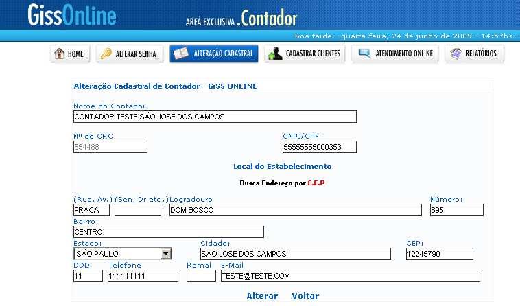 Alteração Cadastral Nesta opção o contador atualiza seus dados cadastrais, não comprometendo seu cadastro mobiliário.