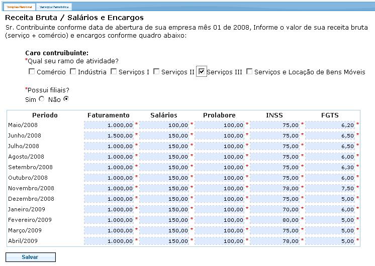 Se o ramo de atividade for vinculado à serviços III, o preencha as colunas relativas ao faturamento,