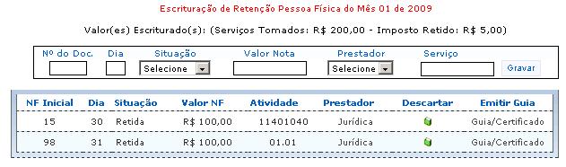 Selecione o item serviço/ atividade, de acordo com o serviço prestado; Gravar: Após o preenchimento de todos os campos, clique no botão Gravar.