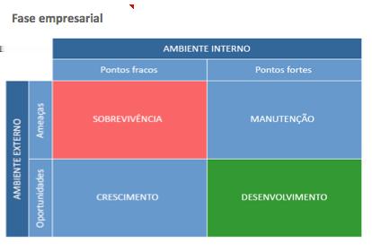 Sobrevivência Na fase de sobrevivência a sua empresa encontra-se com as Fraquezas e Ameaças como predominantes.