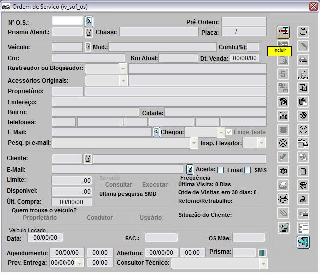 3. Digite o nº. do Chassi ou Placa ou Veículo e clique TAB. O sistema traz as informações do cliente e do veículo. Pode se alterar o cliente que solicita o serviço através da opção Cliente; 4.