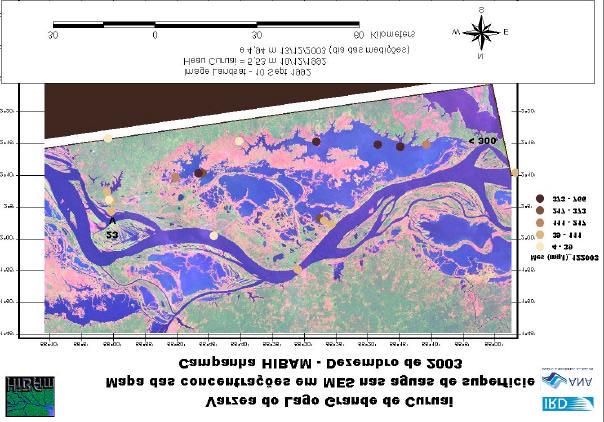 Os valores de concentrações em MES variam de 8 mg/l, no Igarapé Piraquara (águas pretas), até 766 mg/l, em Curuai.
