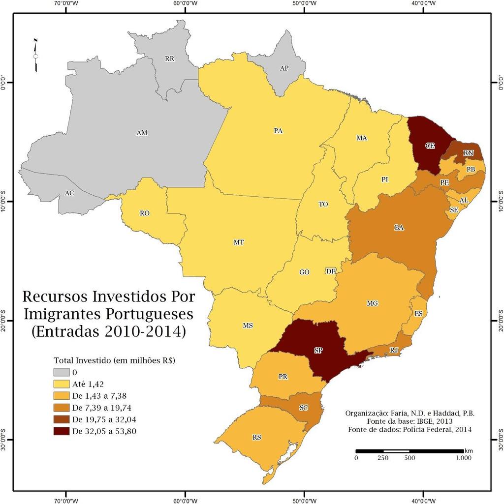 Mapa 2: VALORES INVESTIDOS PELO PORTUGUESES NOS ESTADOS Assim como não se tem portugueses em quatro estados, os mesmos não têm investimento deste público entre os anos de estudo.