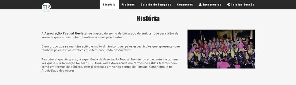 Clicando no menu História, o site move-se mostrando a secção da história da Associação.