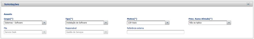 Tipo de Registro: Na página de criação de um novo ticket, o usuário deve selecionar o tipo da ocorrência mais adequado à situação: solicitação, dúvidas ou problemas.