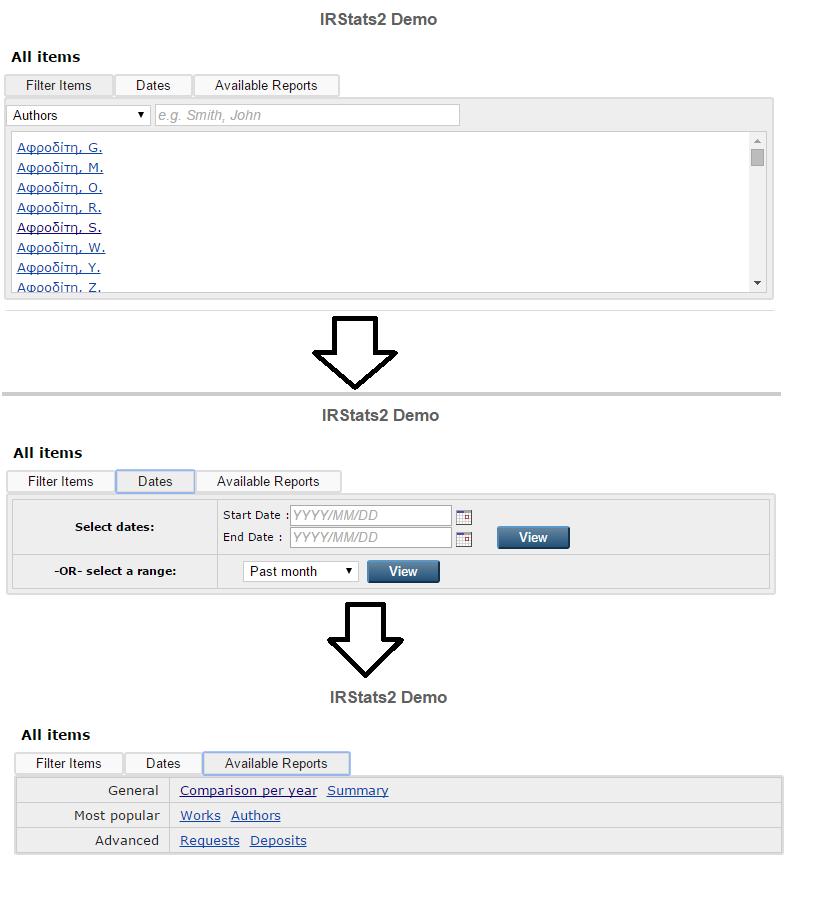 Nesta interface é pssível custmizar s relatóris pr mei filtrs nde se selecina que se deseja utilizar cm pr um autr específic, pr datas específicas u um períd, e ainda utras pções