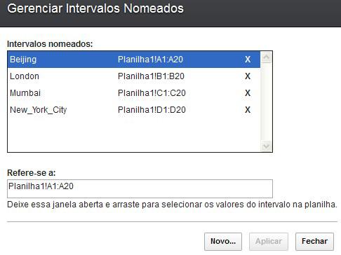 Procedimento 1. Clique em Inserir > Intervalo Nomeado > Gerenciar Intervalos Nomeados. 2. Para ver o local de um intervalo nomeado, clique no nome do intervalo.