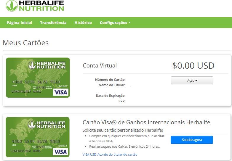 Ativação Cartão Herbalife Pay 1. Na página Inicial do Herbalife Pay selecione a opção Solicite agora sob o menu Cartão Visa destacado abaixo: 2.