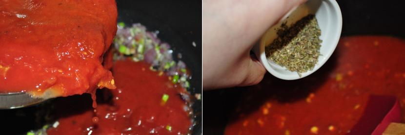 Pique os tomates pelados em cubinhos, então adicione o molho de tomate pronto e os tomates pelados à panela em fogo baixo.