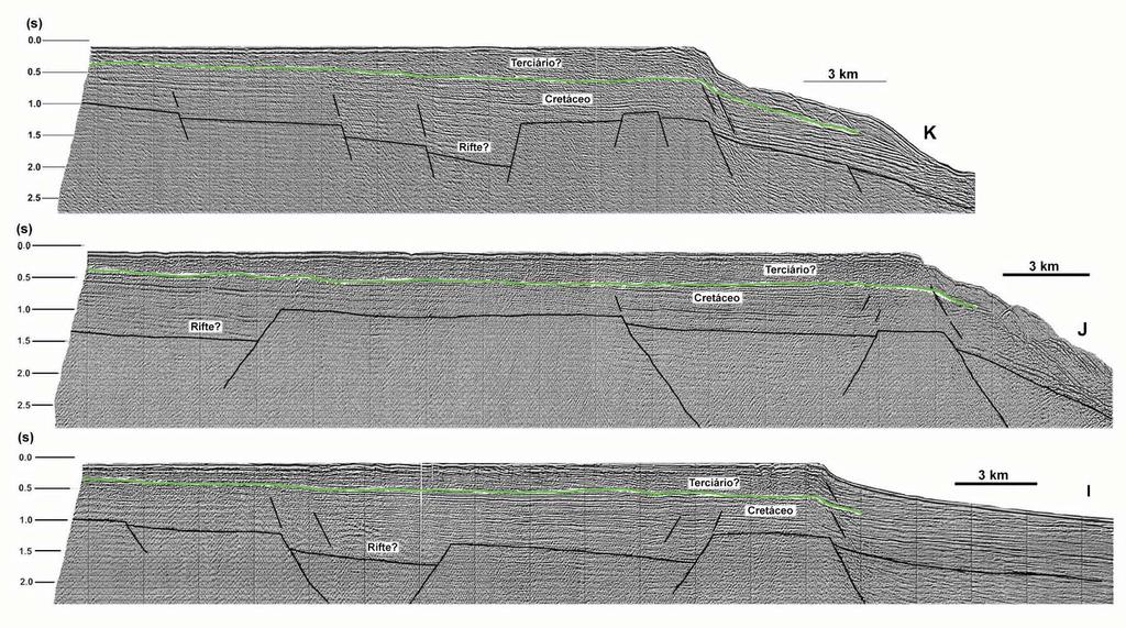 Figura 5 Linhas sísmicas I, J e K (linha preta = embasamento; linha verde = transição? Cretáceo Paleógeno). Profundidade em segundos (s) (ver a localização das linhas na figura 4).