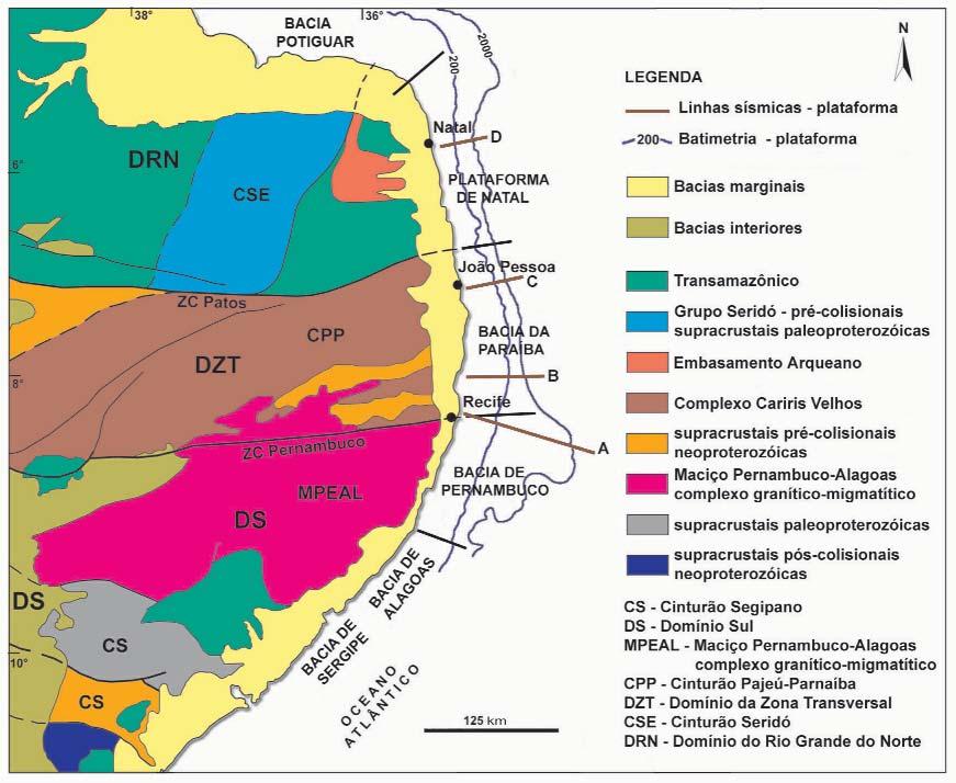 Figura 6 Divisão de terrenos pré-cambrianos do embasamento do Nordeste brasileiro (adaptado de Van Schmus et al. 2003). As linhas sísmicas A, B, C e D são mostradas na figura 7.