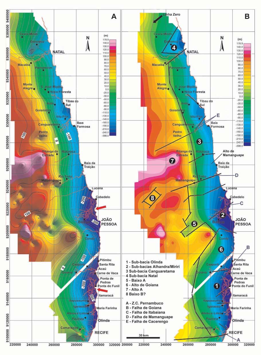 Figura 3 Mapa de contorno estrutural do embasamento em metros. a) superfície com sombreamento 3D exagero vertical 25X; b) mapa de contorno 2D com a interpretação das principais feições identificadas.