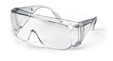 Óculo para visitante Apropriado para usar por cima dos óculos de correção Proteção integrada do topo e lateral, cobre inteiramente a área dos olhos Hastes perfuradas para poder fixar um cordão