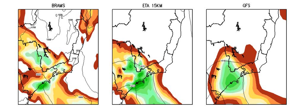 Figura 4: Precipitação em 24 horas prevista pelos modelos BRAMS, ETA15 e GFS, para o período entre 00 UTC do dia 17/03 e 00 UTC do dia 18/03/2013.