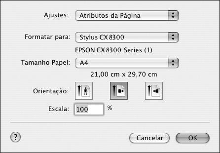 Selecione a opção Configurar página no menu Arquivo. Selecione as seguintes configurações: Selecione Stylus CX8300. Selecione o tamanho do papel. Selecione a orientação do documento ou da imagem.