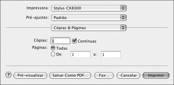 5. Selecione a opção Imprimir no menu Arquivo. Você verá uma janela como esta: Selecione Stylus CX8300. Selecione Definições de impressão. 6.