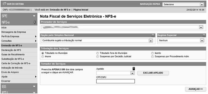 Página 35 de 128 5. Emissão de NFS-e A opção para emissão da NFS-e somente estará disponível após o deferimento da autorização. 5.1. Campo Prestador de Serviços Selecione a inscrição na qual deseja emitir a NFS-e.