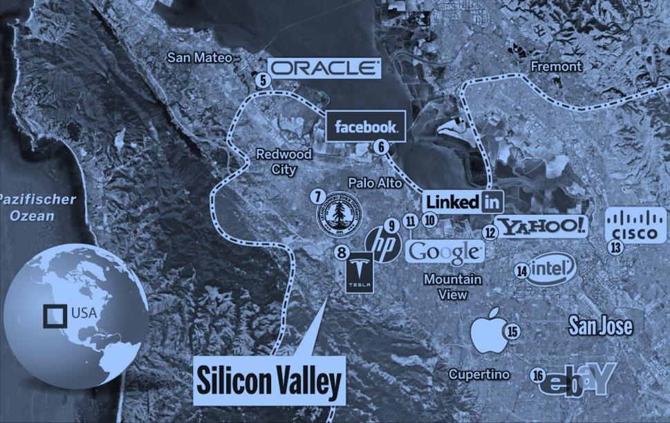 Vale do Silício Região ao sul de São Francisco (CA) Criado ao redor de Stanford, por volta dos anos 70 Ecossistema de empresas de tecnologia mais forte do mundo