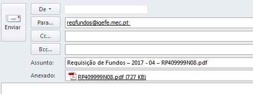 O Nome a dar ao ficheiro da Requisição de Fundos Pessoal deverá ter o seguinte formato: RP [código agrupamento (6 posições)] N [número da requisição (2 posições)].pdf Exemplo: RP409999N08.