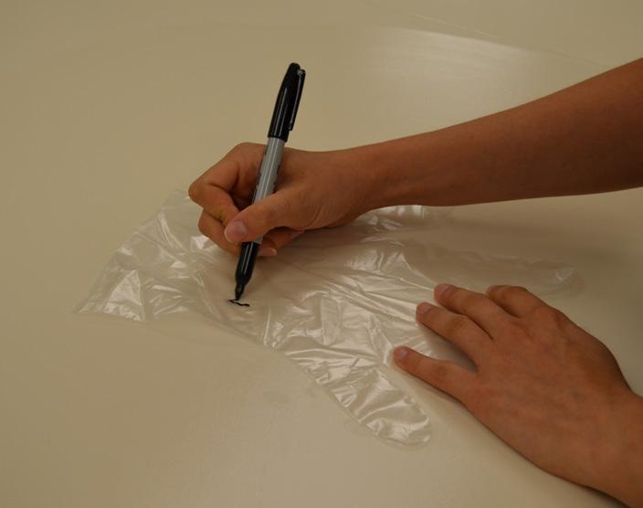 Passo 1 Com a caneta hidrográfica, escreva na luva plástica transparente o seu nome e a data.