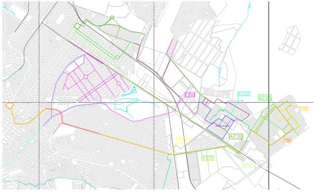 Figura 22 Esquema representativo das linhas de ônibus no setor Leste de Uberlândia. O perímetro do bairro Jardim Sucupira está delimitado em azul no mapa. Fonte: Dados obtidos junto à PMU, 2014.