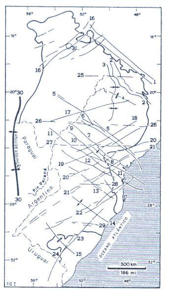 toda a bacia; um importante e terceiro grupo de lineamentos, com orientação E-O, foi reconhecido por Bacoccoli e Aranha, (1984). Figura 02: Mapa do arcabouço estrutural da Bacia do Paraná.