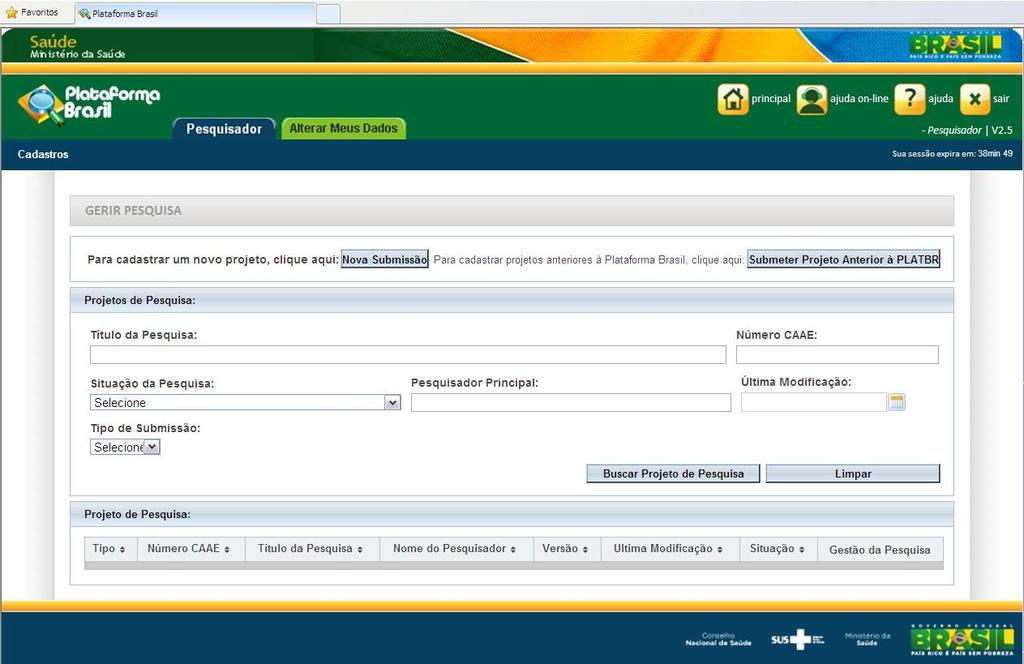 11 Clique no botão Nova Submissão aqui para submeter o protocolo de pesquisa 3) Se informados corretamente os dados solicitados na etapa anterior (2) você obterá acesso a seguinte tela (apresentada