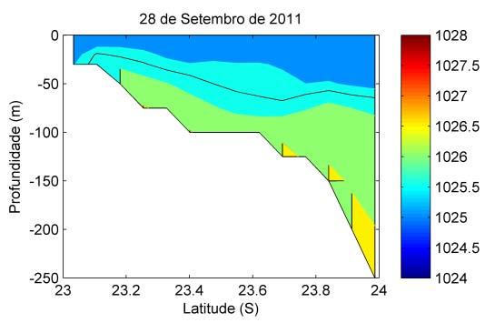 Figura 3: Perfil vertical de densidade na longitude 43 W entre as latitudes 23 e 24 S para o dia 28 de setembro de 2011. A área demarcada representa os limites de densidade da ACAS.