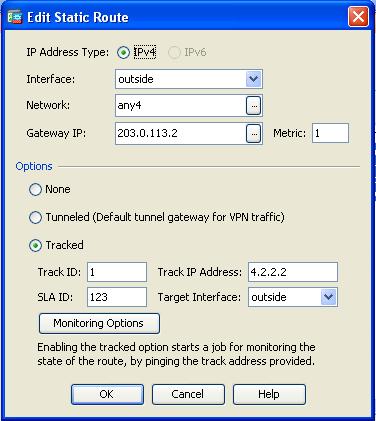 8. Da lista de drop-down do nome da relação, escolha a relação em que a rota reside, e configurar a rota padrão para alcançar o gateway. Neste exemplo, 203.0.113.2 é o gateway do ISP principal e 4.2.2.2 é o objeto a monitorar com ecos ICMP.