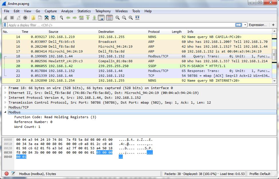 Tela do software Wireshark Selecionando um protocolo específico (ex: MODBUS) aparece sua análise