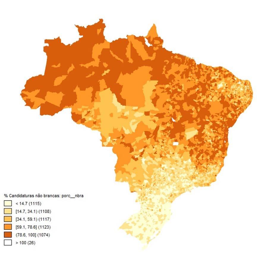 textos para discussão do gemaa / ano 2016 / n. 12 / p. 11 Mapa 2: Porcentagem de candidaturas não brancas por município Fonte: os autores a partir de dados do TSE.