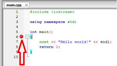 Esses pontos são chamados de breakpoints e podem ser adicionados clicando com o botão esquerdo do mouse ao lado da linha desejada ou, com o cursor do teclado na linha desejada, apertando F5, como na