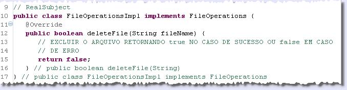 criação. Desta forma, as requisições feitas ao objeto Proxy são redirecionadas ao objeto RealSubject de forma controlada. Exemplo de Código Exemplo na API Java A classe java.lang.reflect.