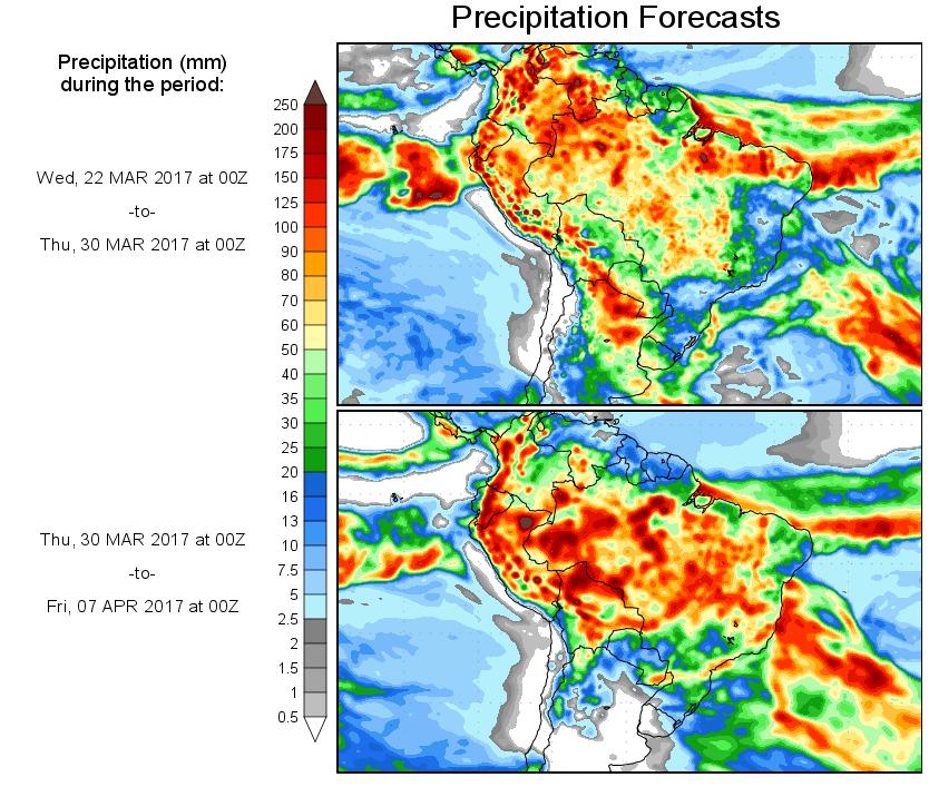 Segundo o Center for Ocean Land Atmosphere Studies - COLA, o prognóstico de precipitação para o período de 22 a 30 de março de 2017, sugere chuvas intensas e bem distribuídas sobre uma grande área da