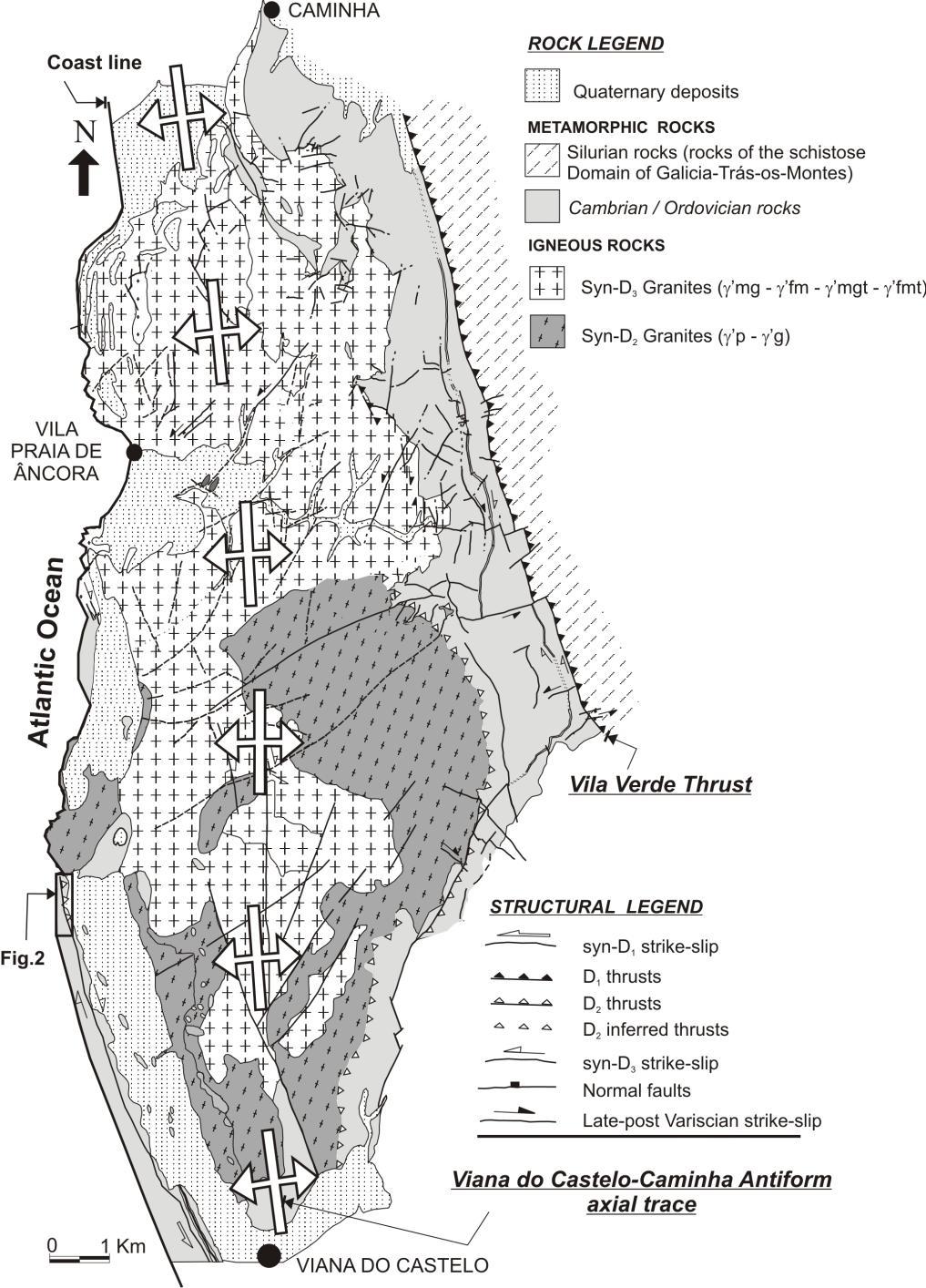 ENQUADRAMENTO NÚCLEO GRANÍTICO DO ANTIFORME DE VIANA DO CASTELO-CAMINHA º Granitos relacionados com D 2 Bouça do Frade ( p) Sta Luzia ( g) º Granitos relacionados com D 3 Afife ( fm; mg; fmt; mgt)