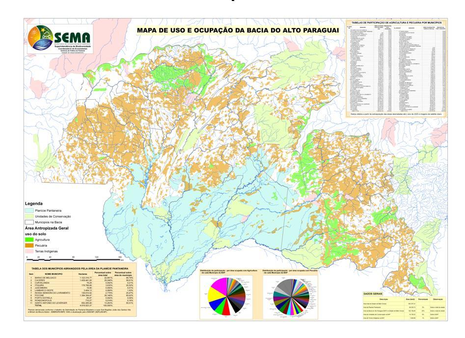 A Figura 3 apresenta o uso por agricultura e pecuária na Bacia do Alto Paraguai com ênfase na Planície Alagável, com a participação de cada município.