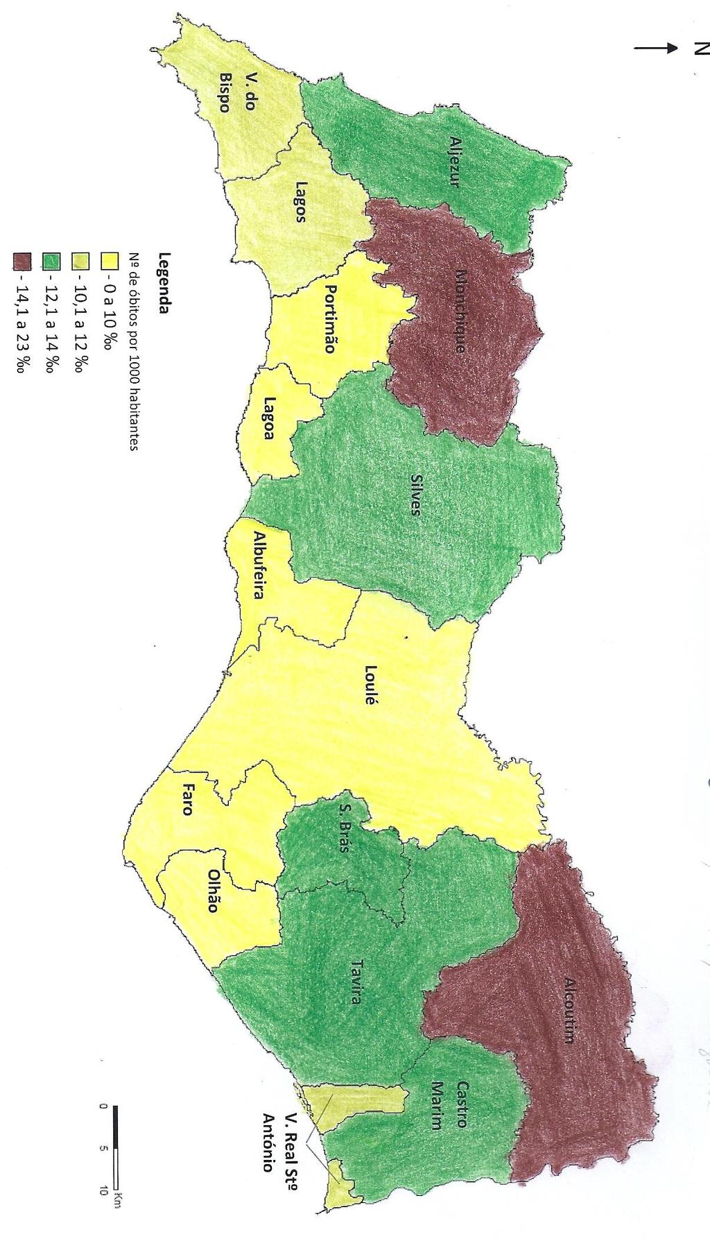 Taxa de mortalidade, no Algarve, em 2011 A taxa de mortalidade foi mais elevada nos concelhos de Monchique (19 ) e Alcoutim (23 ).