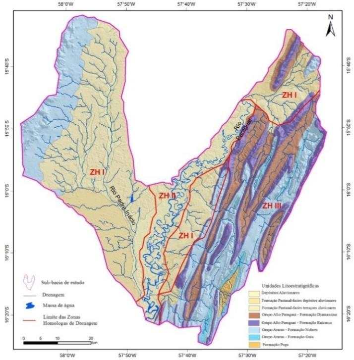 Figura 5. Mapa das unidades geológicas ocorrentes na área de estudo e as zonas homólogas da rede de drenagem (Fonte: Adaptado de Alencar, 2011 e Moraes et al., 2010). 3.