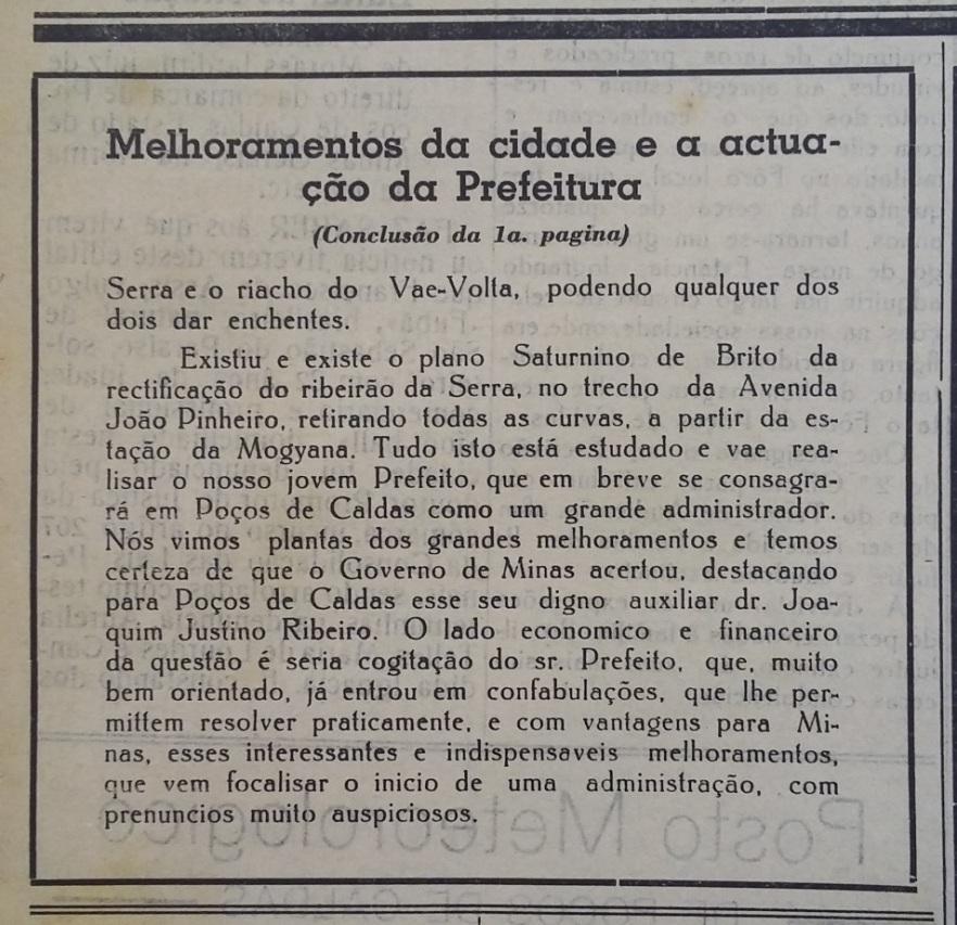 Figura 2.47: Nota na Revista de Poços de Caldas em 08 de outubro de 1939, sobre os melhoramentos que estavam sendo feitos pelo Prefeito Joaquim Justino Ribeiro em sua administração (1939 1945).