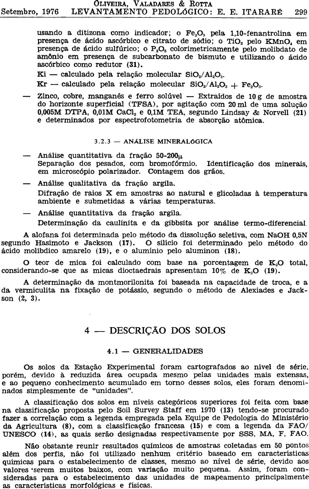 usando a ditizona como indicador; o Fe 2 O s pela 1,10-fenantrolina em presença de ácido ascórbico e citrato de sódio; o Ti0 2 pelo KMn0 4 em presença de ácido sulfúrico; o P 2 O s colorimetricamente