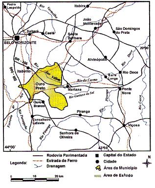15 Figura 2: Mapa de localização do município de Ouro Preto/MG. Aspectos fisiográficos O município de Ouro Preto, com área de aproximadamente 1.245 km2 e população residente de 67.