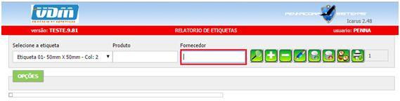 Após selecionar o tamanho da etiqueta deve ser inserido um Produto ou um Fornecedor. Caso escolha inserir o Produto deve se digitar no campo o código do produto desejado e clicar no.
