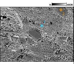 Figura 6.31: Micrografia de MEV da formulação M queimada a 850ºC, na faixa de variação I de massa específica e espectros EDS dos pontos indicados sobre a imagem. Aumento: 400x.