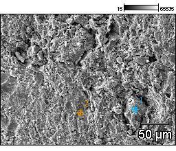 Figura 6.42: Micrografia de MEV da formulação 40M50A10CH queimada a 1050ºC, na faixa de variação II de massa específica e espectros EDS dos pontos indicados sobre a imagem. Aumento: 400x.